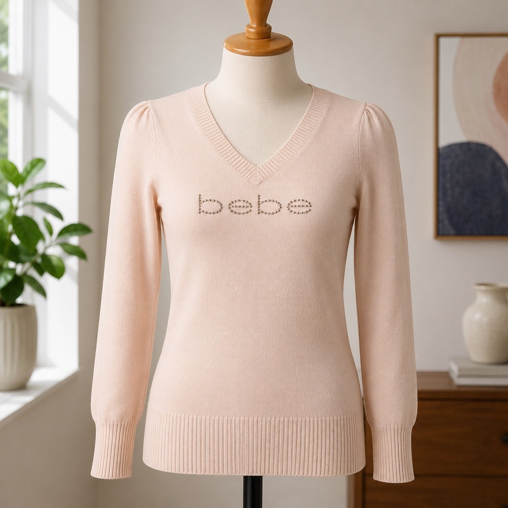 Bebe V-Neck Sweater Womens Large Pink Rhinestone Logo Long Sleeve Knit Top